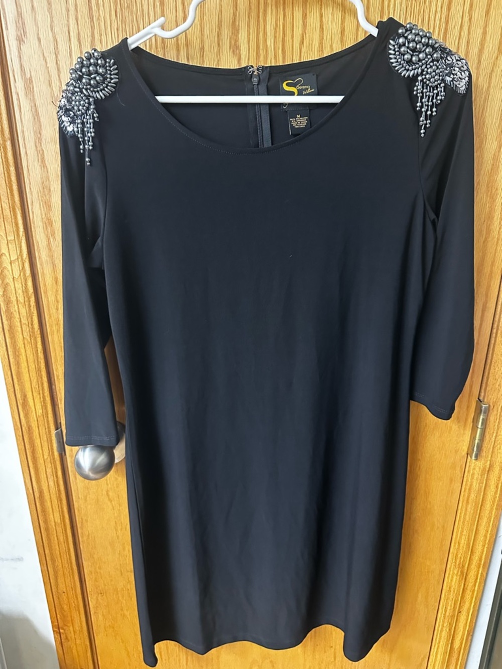 Soprano Black Midi Dress with Beaded Shoulder Embellishments